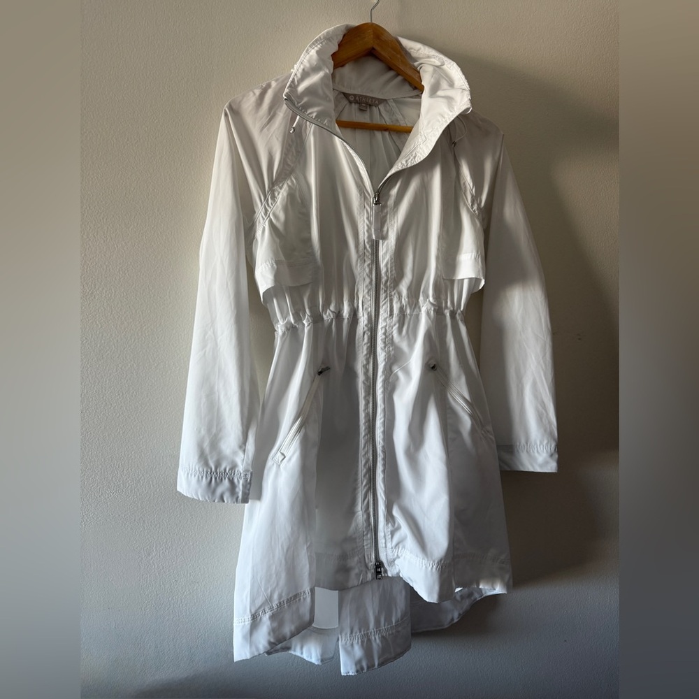 Athleta Rain Drop White Hooded Jacket Longline Windbreaker Full Zip Womens XS